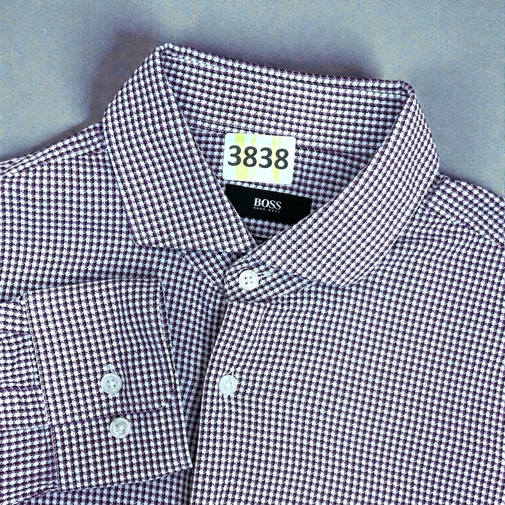 Hugo Boss Shirt Mens 16 32/33 PurplePink Sharp Fit Cotton MicroHoundstooth Dress